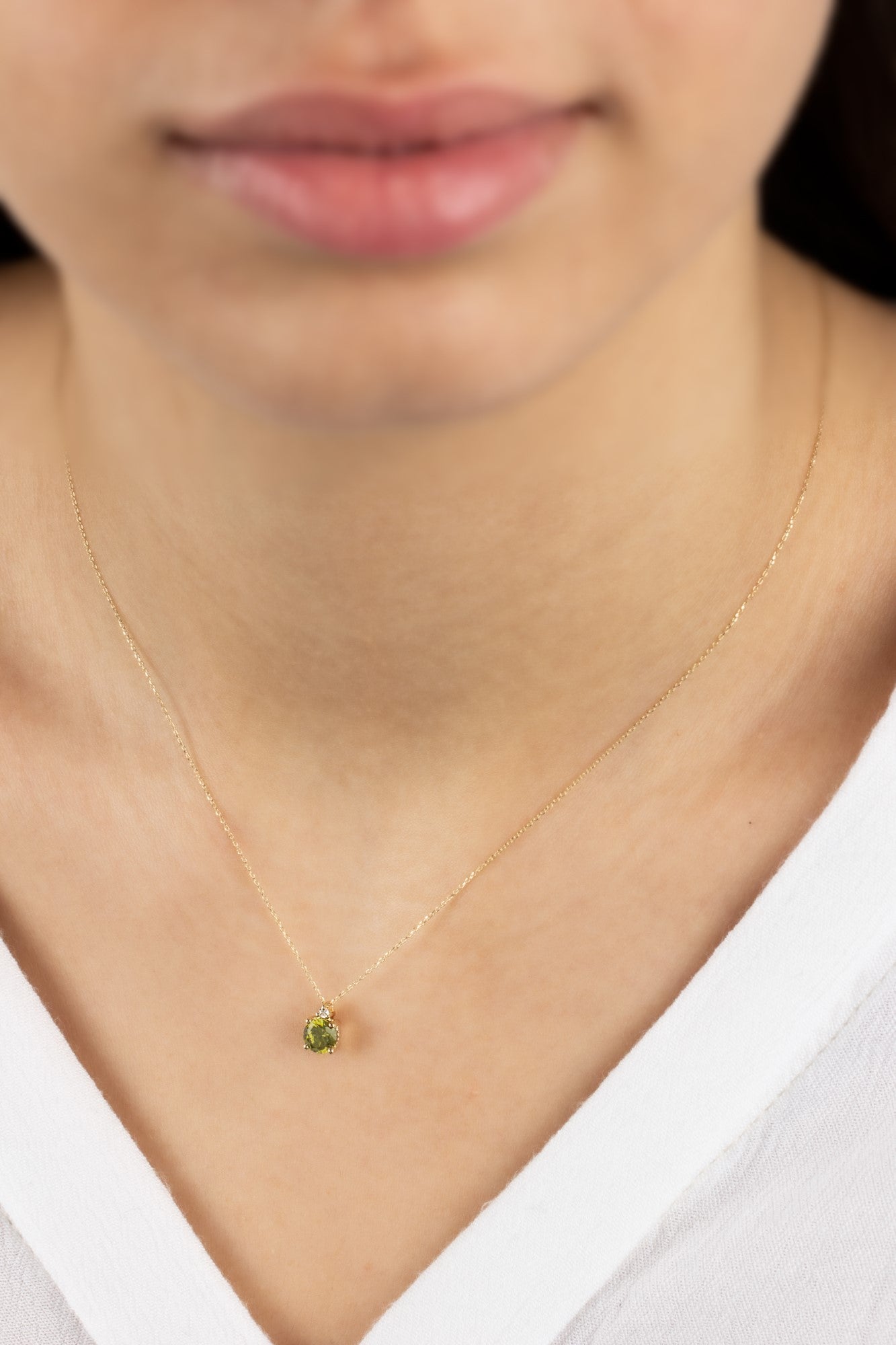 Round Peridot Necklace with Real Diamond in 14K Solid Gold, August Birthstone Queen Jewelry Necklace