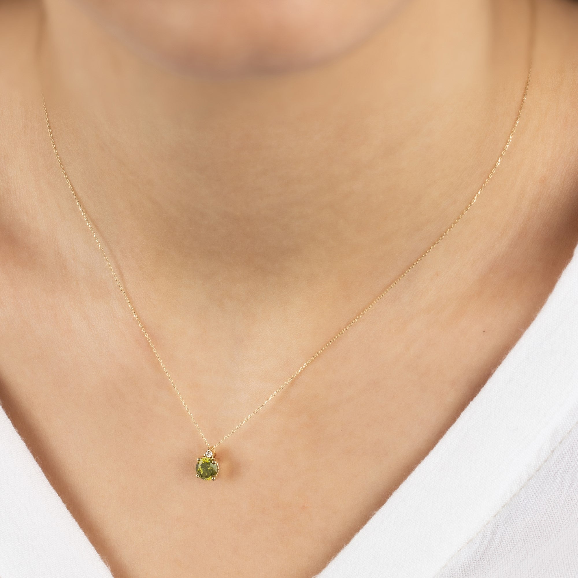 Round Peridot Necklace with Real Diamond in 14K Solid Gold, August Birthstone Queen Jewelry Necklace