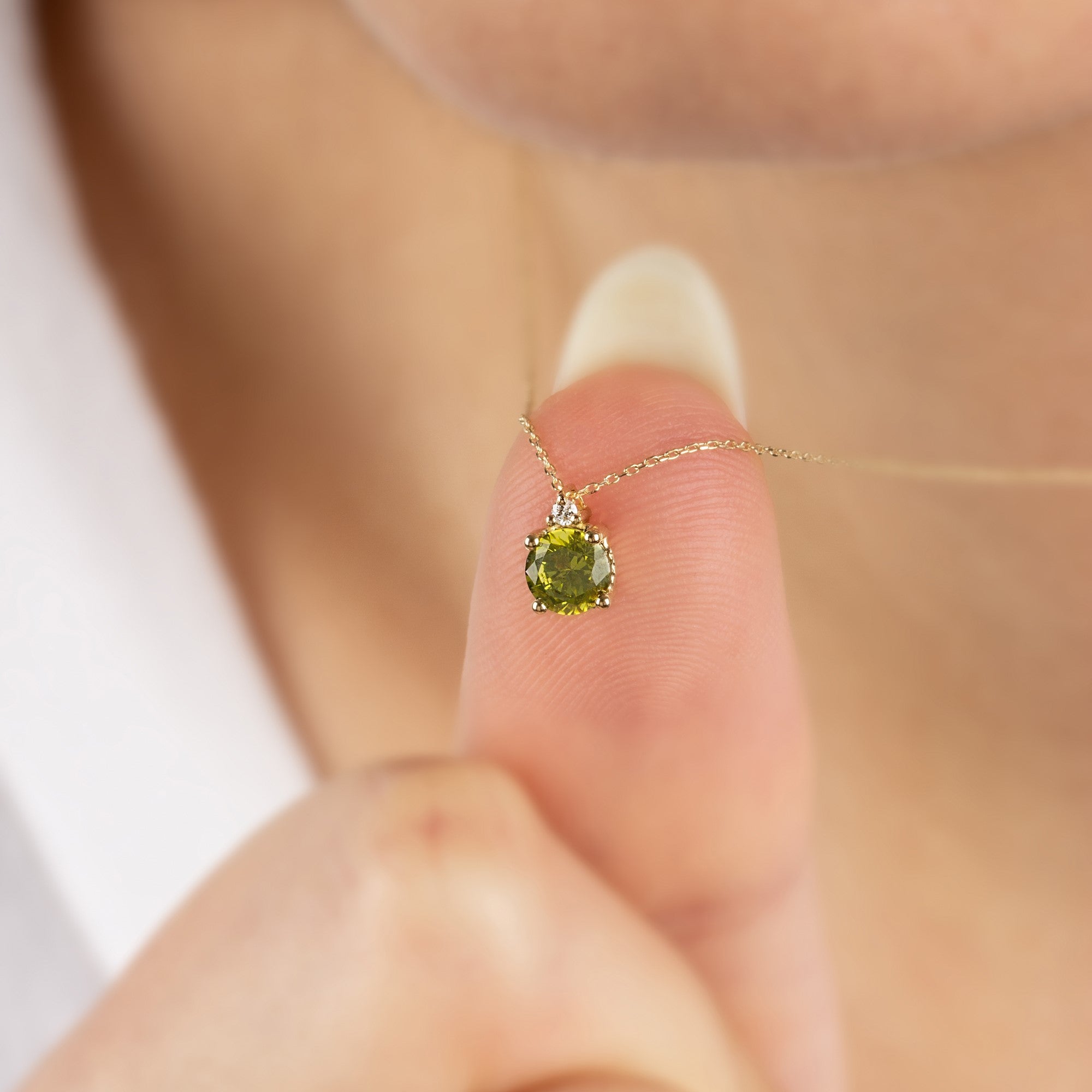 Round Peridot Necklace with Real Diamond in 14K Solid Gold, August Birthstone Queen Jewelry Necklace