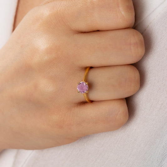 Round Pink Tourmaline Ring 8K/10K/14K Solid Gold, October Birthstone