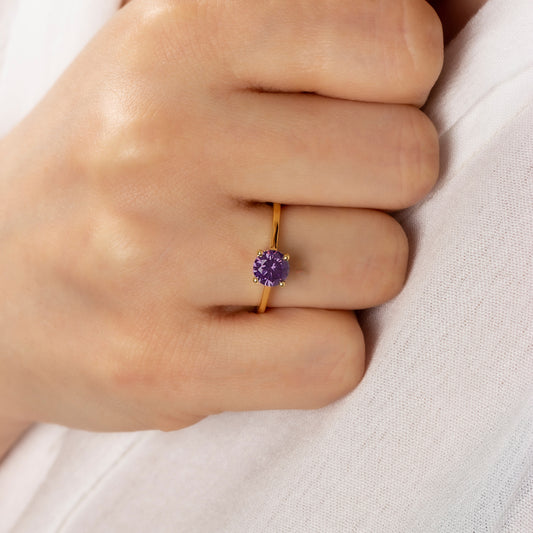 Round Amethyst Ring 8K/10K/14K Solid Gold, February Birthstone