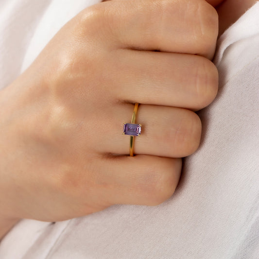 Rectangle Alexandrite Ring in 14K Solid Gold | June Birthstone Queen Jewelry Rings