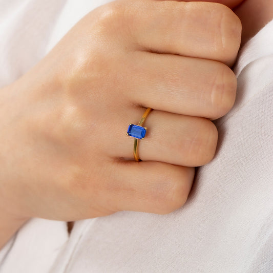 Rectangle Sapphire Ring in 14K Solid Gold | September Birthstone Queen Jewelry Rings