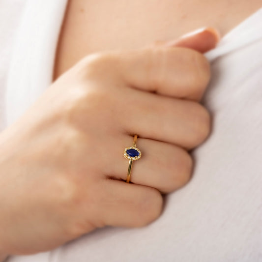Sapphire Oval Ring in 14K Solid Gold with Real Diamonds, September Birthstone