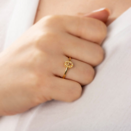 Citrine Oval Ring in 14K Solid Gold with Real Diamonds, November Birthstone