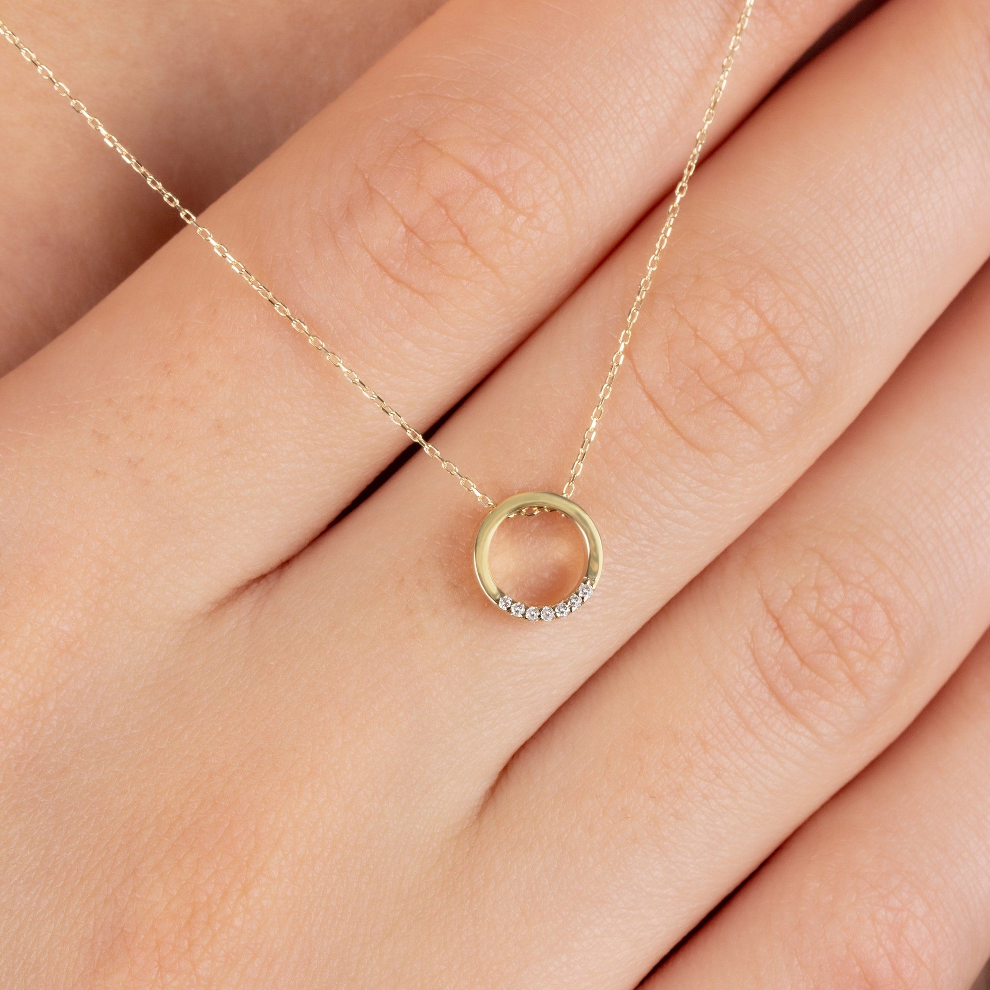 Hollow Circle Necklace with Real Diamonds | 14K Solid Gold Queen Jewelry Necklace