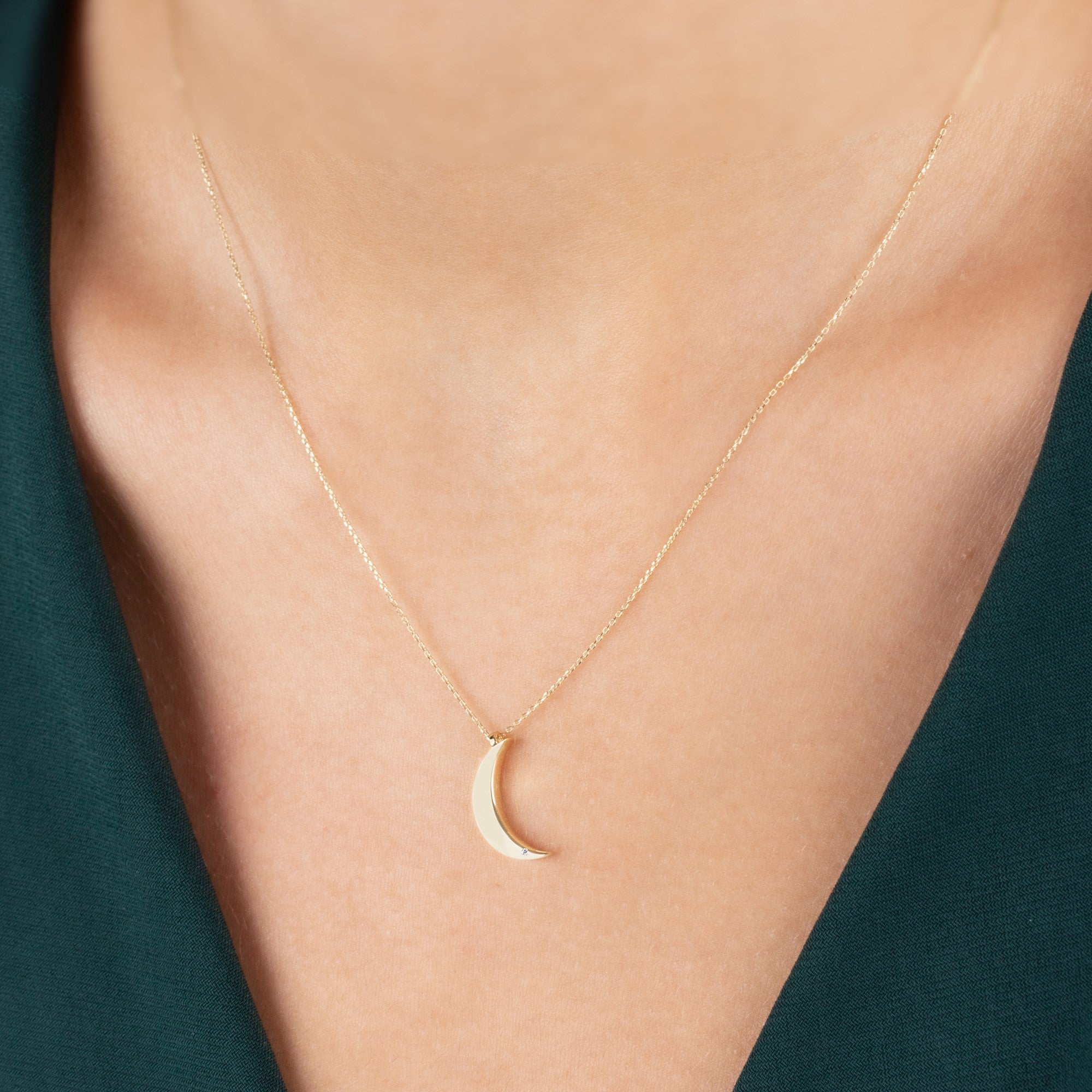 Moon Necklace with Real Diamond | 14K Solid Gold Pendant Queen Jewelry Necklace