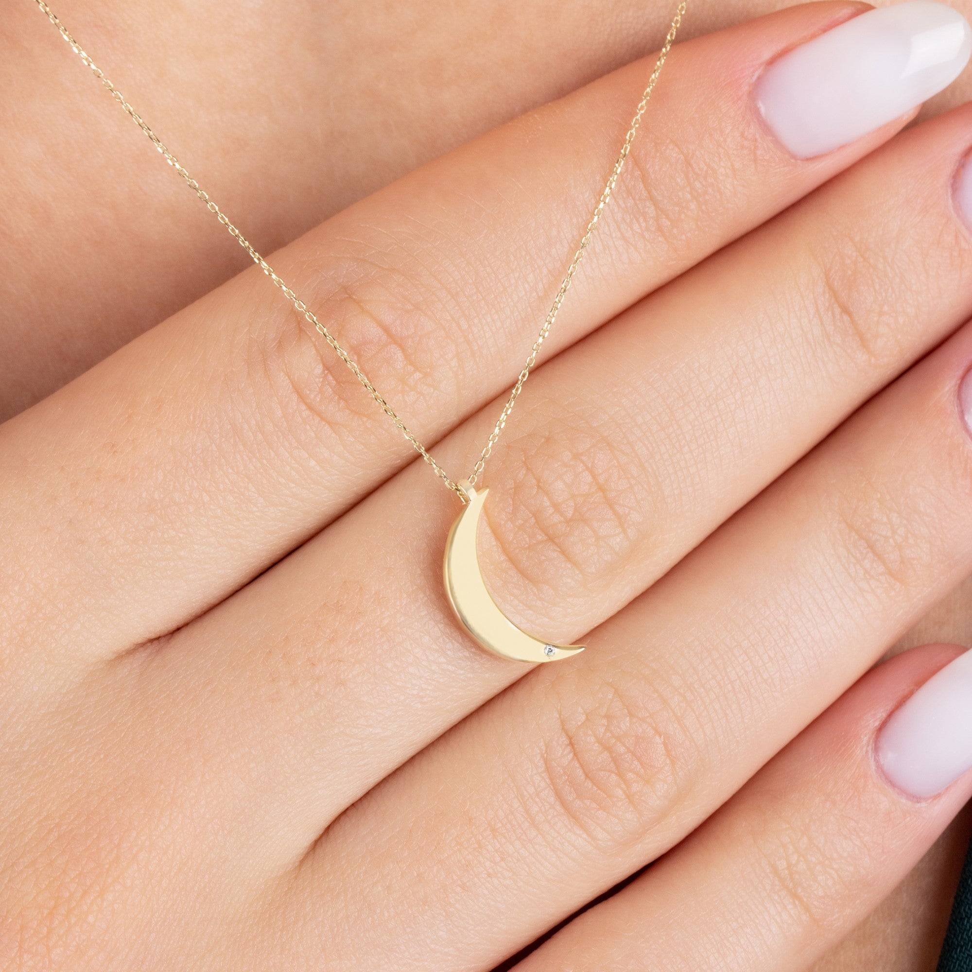 Moon Necklace with Real Diamond | 14K Solid Gold Pendant Queen Jewelry Necklace