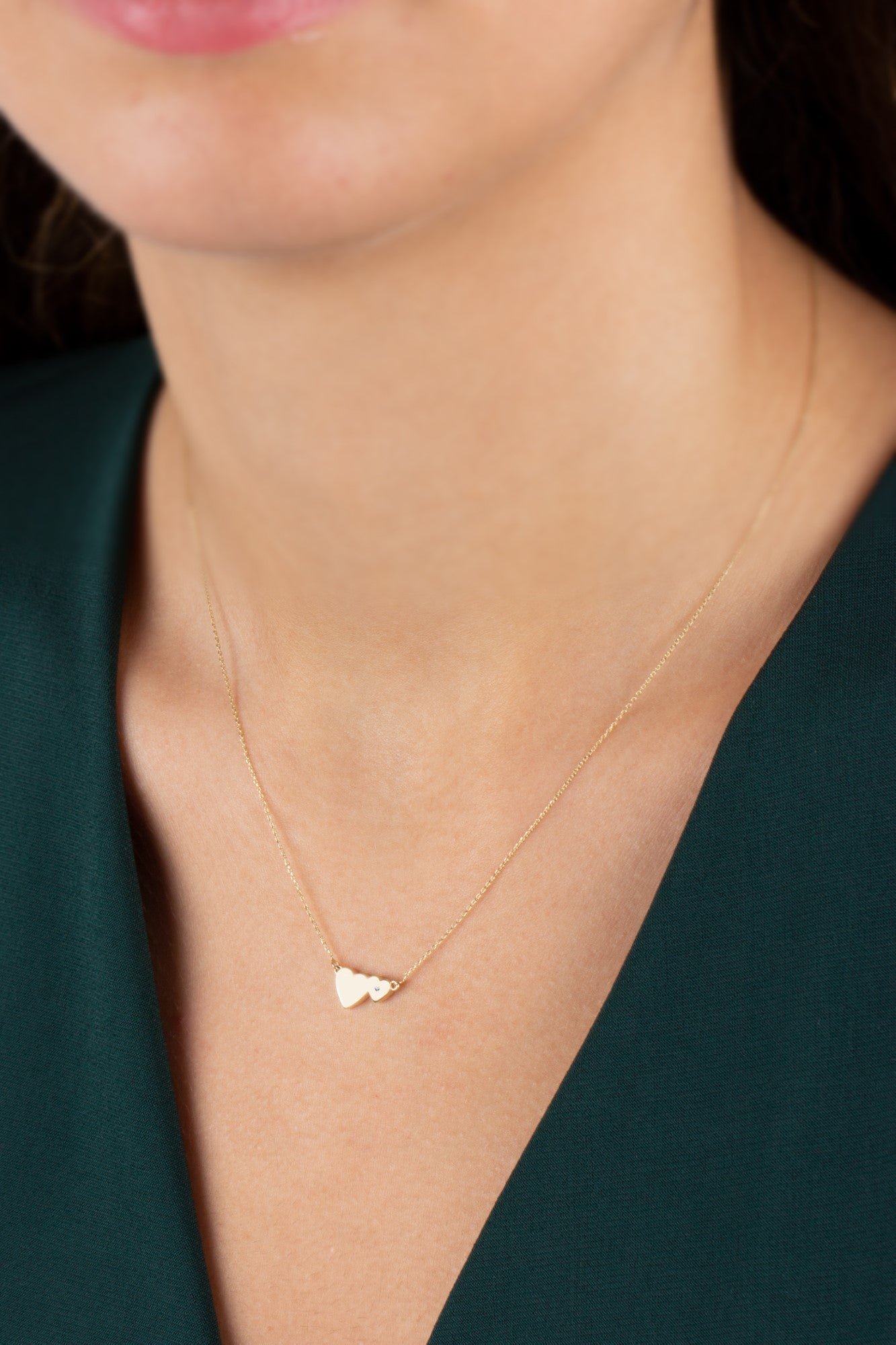 Double Heart Necklace with Real Diamond | 14K Solid Gold Queen Jewelry Necklace
