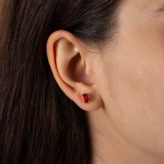Garnet Rectangle Stud Earring in 10K/14K Solid Gold, January Birthstone