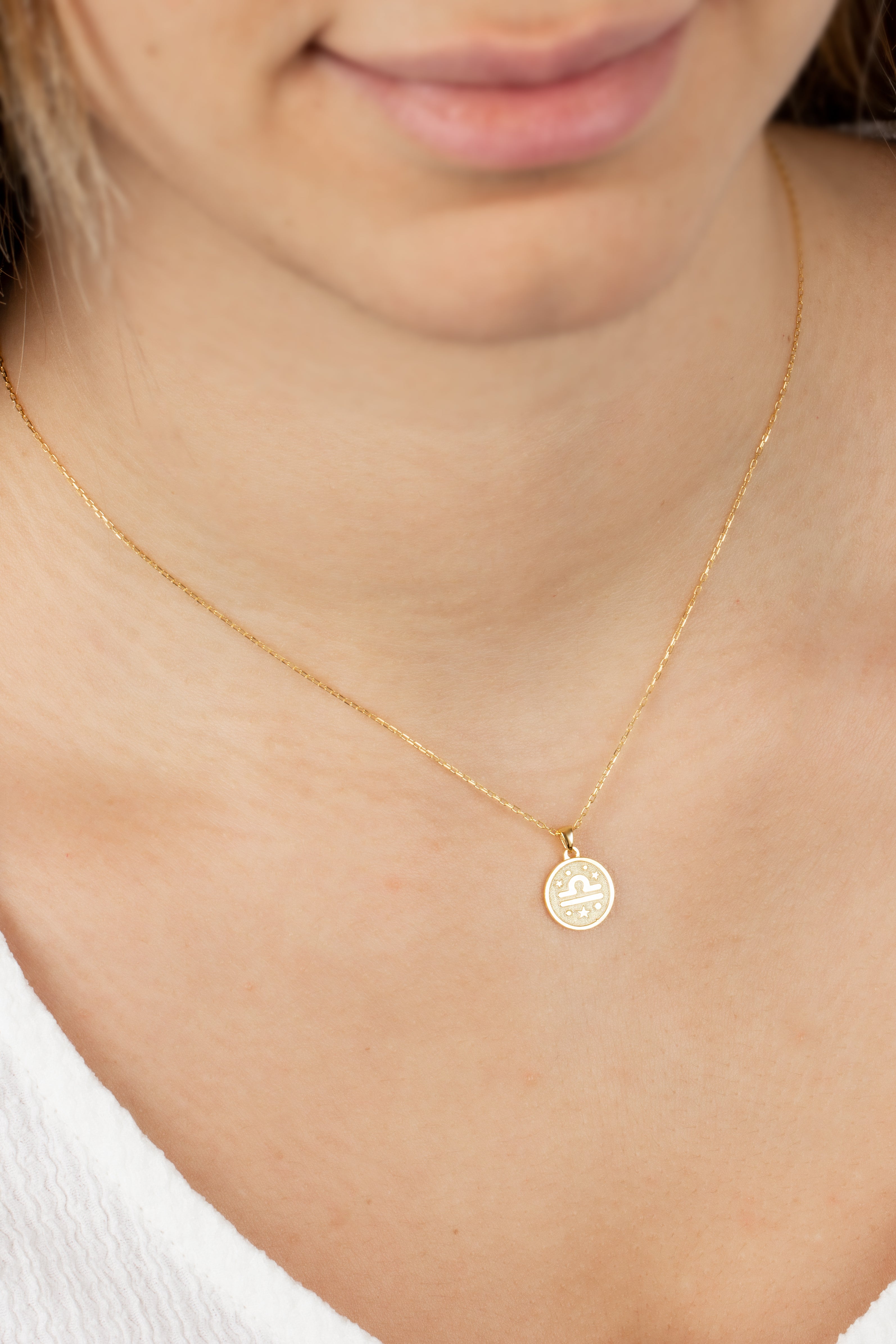 Libra Zodiac Sign 14K Solid Gold Necklace, Minimalist Horoscope Symbol Pendant Queen Jewelry Necklace