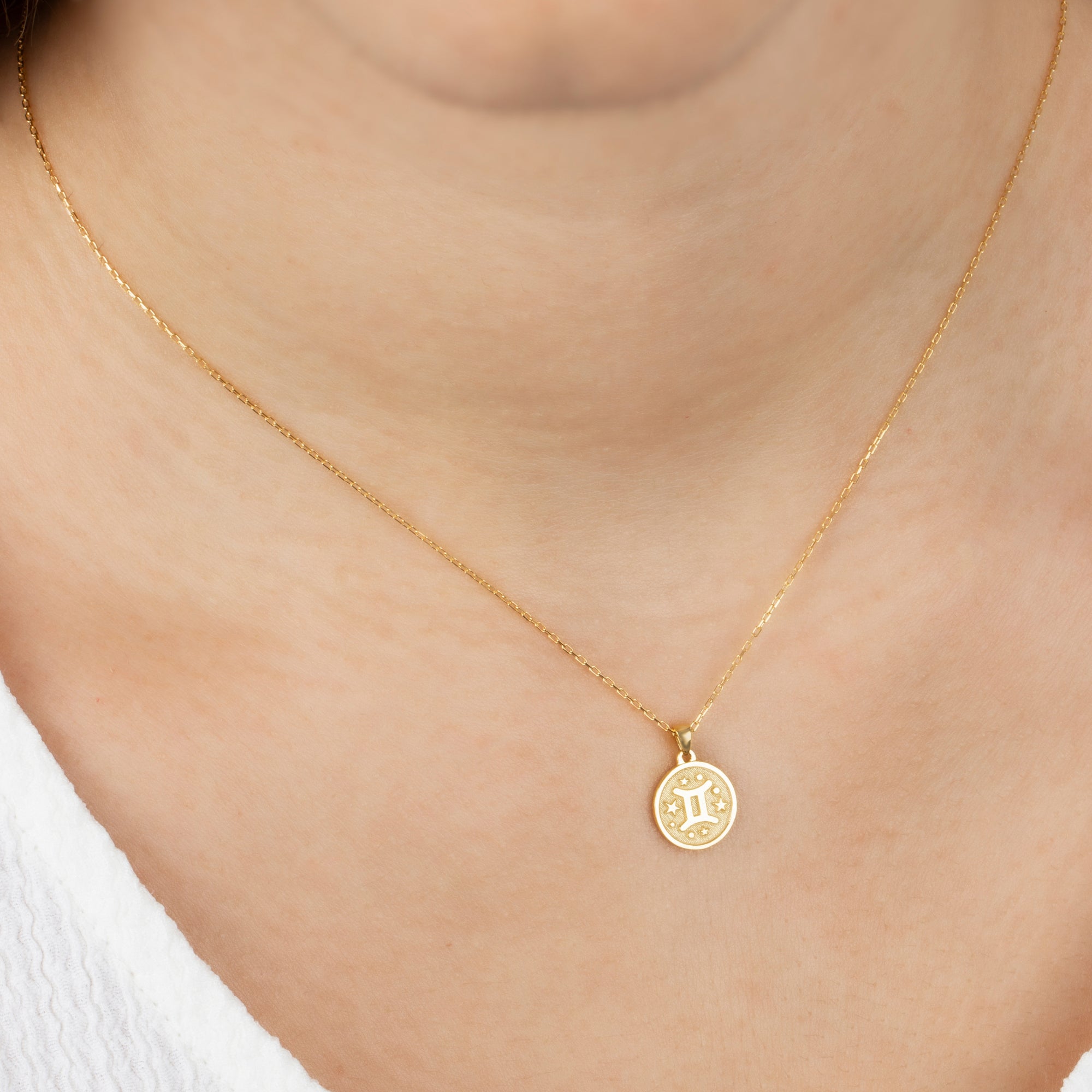 Gemini Zodiac Sign 14K Solid Gold Necklace, Minimalist Horoscope Symbol Pendant Queen Jewelry Necklace