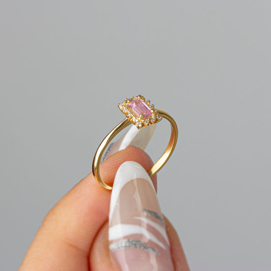 Pink Tourmaline Rectangle Ring with Real Diamonds, 14K Solid Gold