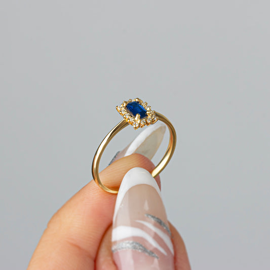 Sapphire Rectangle Ring with Real Diamonds, 14K Solid Gold