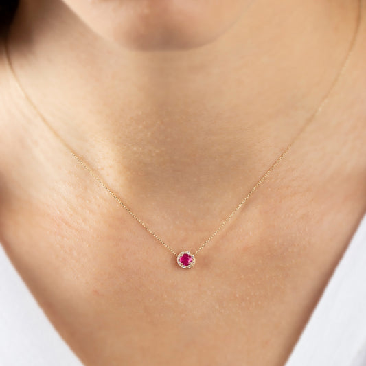 Round Ruby Necklace Surrounded by Real Diamonds, 8K/10K/14K Solid Gold, July Birthstone