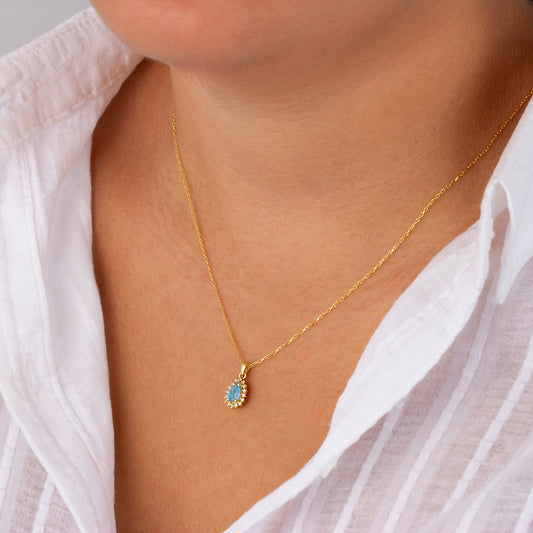 Teardrop Aquamarine Bezel Necklace in 8K/10K/14K Solid Gold Surrounded with Real Diamonds, March Birthstone Jewelry