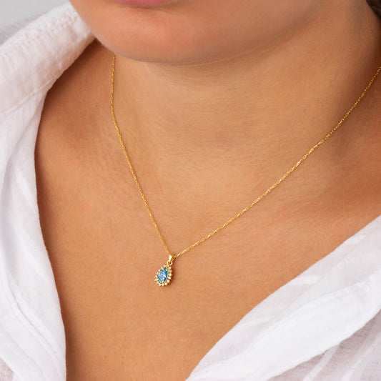 Teardrop Blue Topaz Bezel Necklace in 8K/10K/14K Solid Gold Surrounded with Real Diamonds, December Birthstone Jewelry