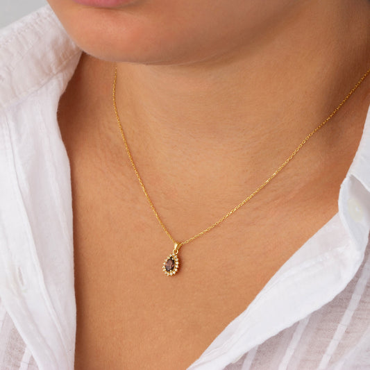 Teardrop Smoky Quartz Bezel Necklace in 8K/10K/14K Solid Gold Surrounded with Real Diamonds, Birthstone Jewelry