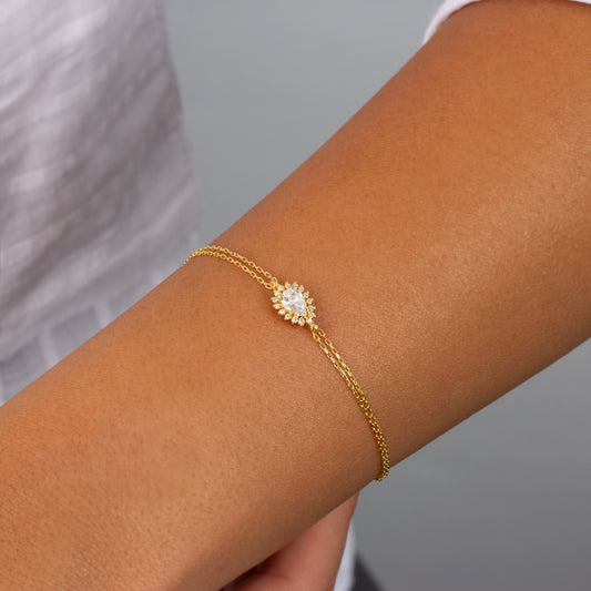 Teardrop White Topaz Bezel Bracelet in 8K/10K/14K Solid Gold Surrounded with Real Diamonds, April Birthstone Jewelry