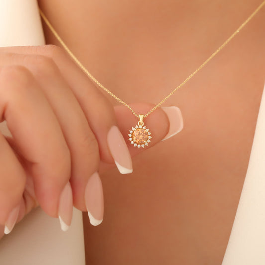 10K/14K Solid Gold Citrine Necklace in Round Shape Surrounded by Real Diamonds, Timeless Birthstone Jewelry for November Gifts