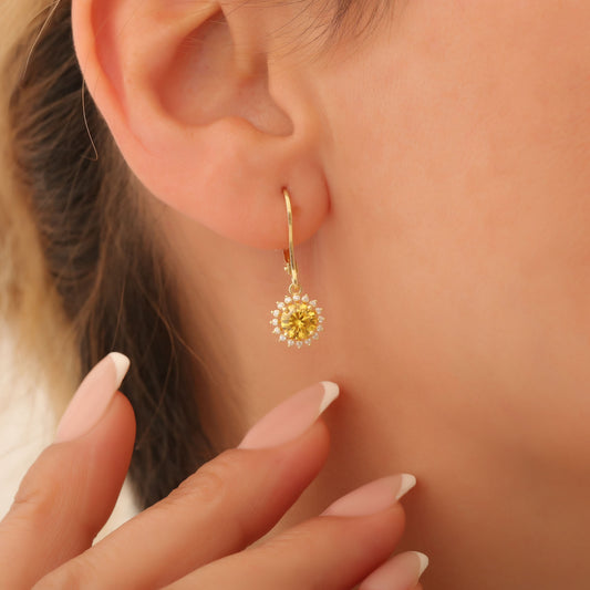 8K/10K/14K Solid Gold Yellow Topaz Dangle Earrings in Round Shape Surrounded by Real Diamonds