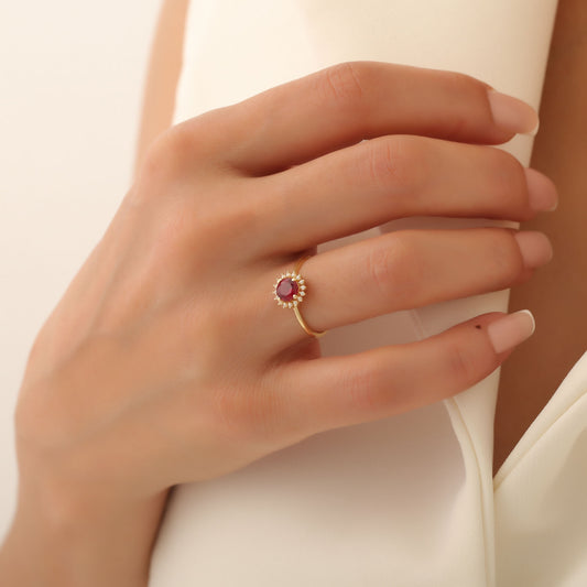 Ruby Ring in Round 8K/10K/14K Solid Gold Shape Surrounded by Real Diamonds, July Birthstone