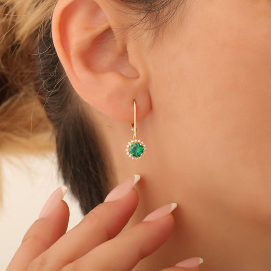 8K/10K/14K Solid Gold Emerald Dangle Earrings in Round Shape Surrounded by Real Diamonds, May Birthstone Jewelry