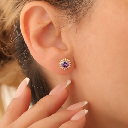 10K/14K Solid Gold Amethyst Stud Earrings in Round Shape Surrounded by Real Diamonds, February Birthstone Jewelry