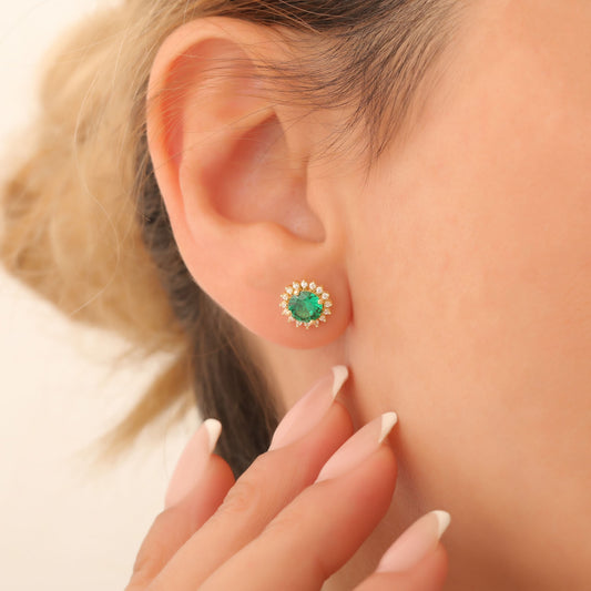 10K/14K Solid Gold Emerald Stud Earrings in Round Shape Surrounded by Real Diamonds, May Birthstone Jewelry