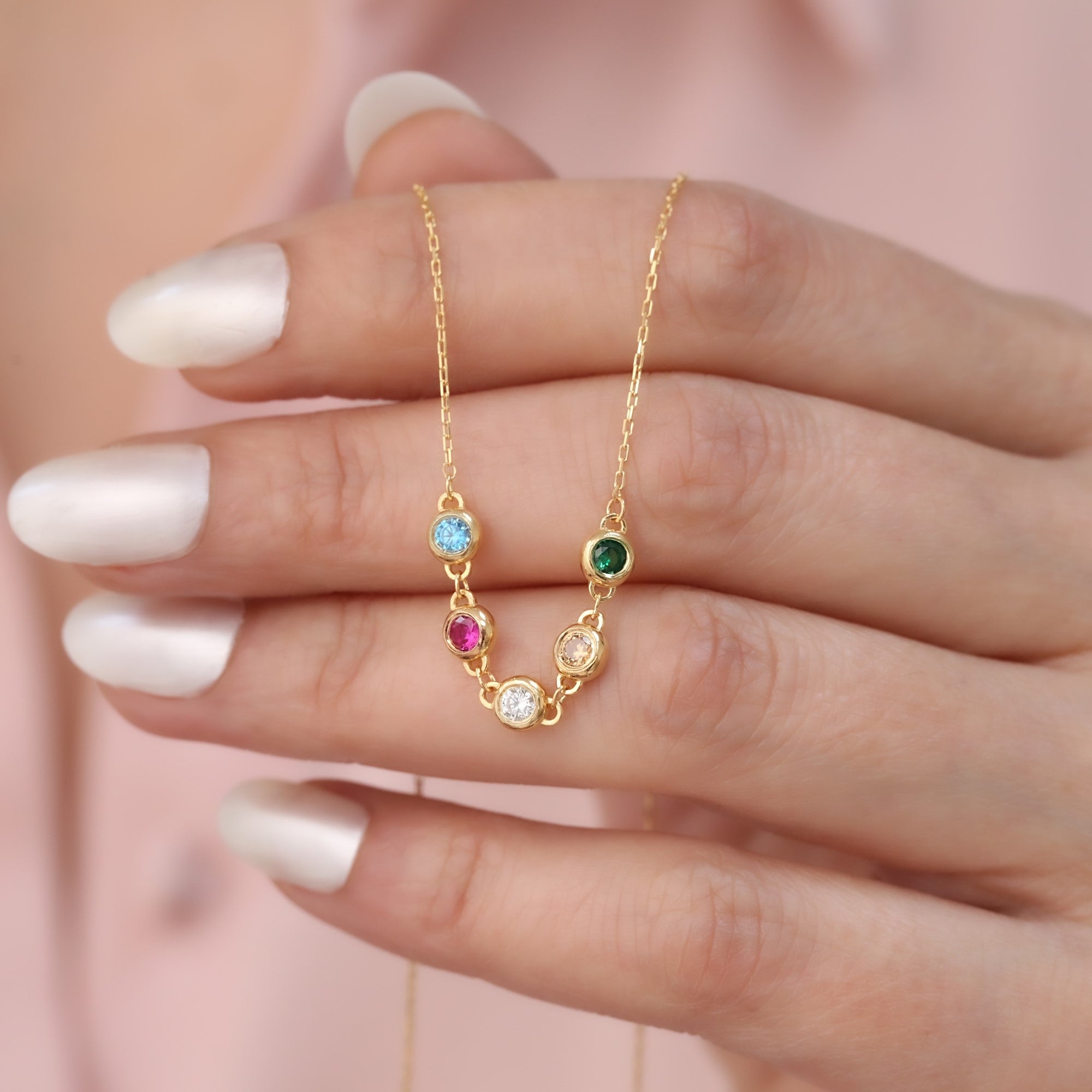 Personalized 14K Solid Gold Round Birthstone Necklace, Choose 1-7 Gemstones Queen Jewelry Necklace