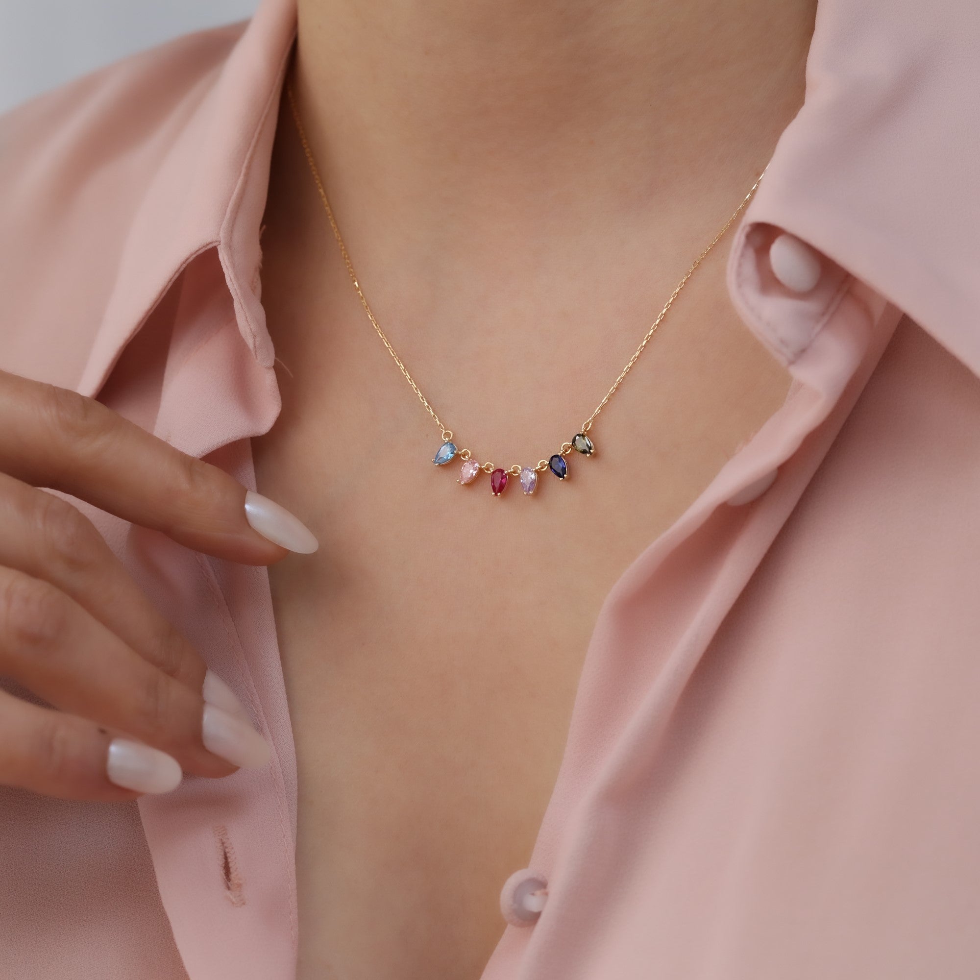 Personalized 14K Solid Gold Teardrop Birthstone Necklace, Choose 1-7 Gemstones Queen Jewelry Necklace