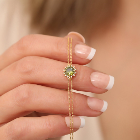 Round Peridot Bracelet with Real Diamond, 8K/10K/14K Solid Gold, August Birthstone