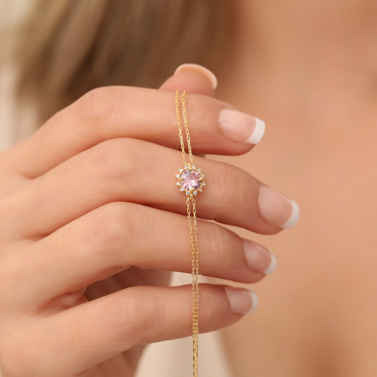 Round Pink Tourmaline Bracelet with Real Diamond, 8K/10K/14K Solid Gold, October Birthstone