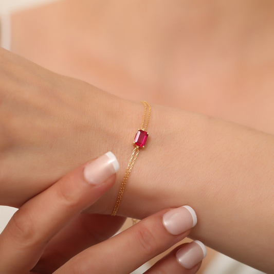 Rectangle Ruby Bracelet 8K/10K/14K Solid Gold, Dainty Gold Baguette July Birthstone