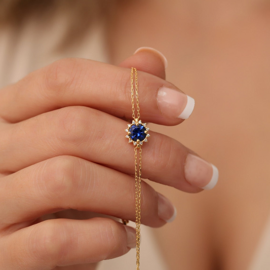 Round Sapphire Bracelet with Real Diamond, 8K/10K/14K Solid Gold, September Birthstone