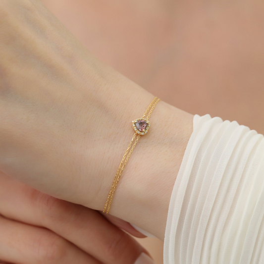 Smoky Quartz Heart Bracelet with Real Diamond, 8K/10K/14K Solid Gold
