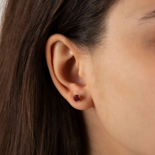 Round Garnet Stud Earrings 10K/14K Solid Gold, January Birthstone