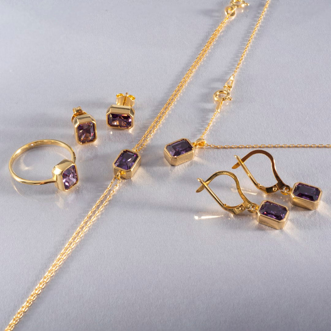 Amethyst Rectangle Bezel Necklace 14K Solid Gold, February Birthstone Pendant Queen Jewelry Necklace