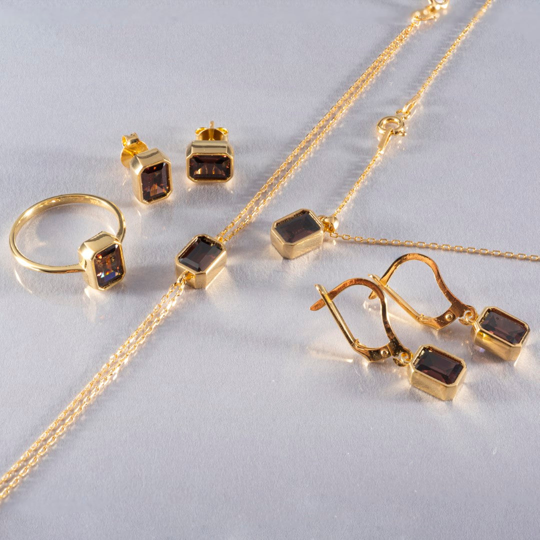 Smoky Quartz Rectangle Necklace 14K Solid Gold Queen Jewelry Necklace