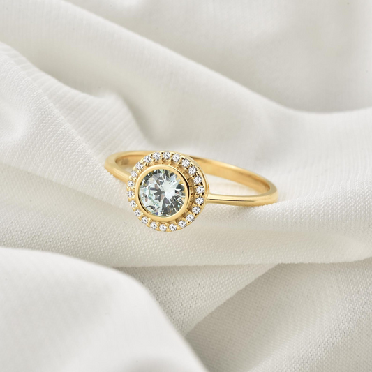 Aquamarine Round Bezel Ring in 8K/10K/14K Solid Gold with Real Diamonds, March Birthstone Jewelry