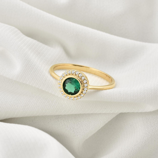 Emerald Round Bezel Ring in 8K/10K/14K Solid Gold with Real Diamonds, May Birthstone Jewelry
