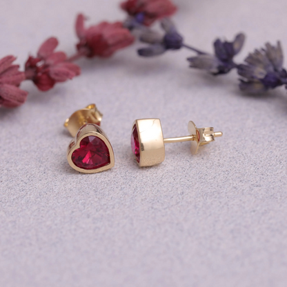 Ruby Heart Bezel Stud Earrings 10K/14K Solid Gold, July Birthstone Jewelry