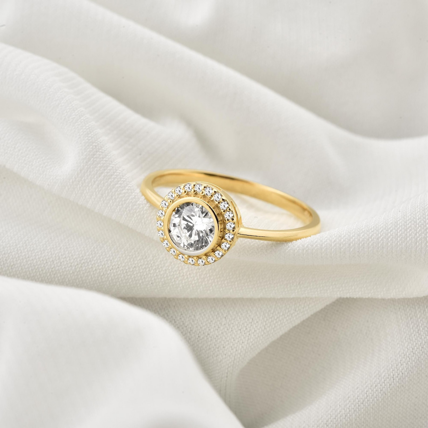 White Topaz Round Bezel Ring in 8K/10K/14K Solid Gold with Real Diamonds, April Birthstone Jewelry