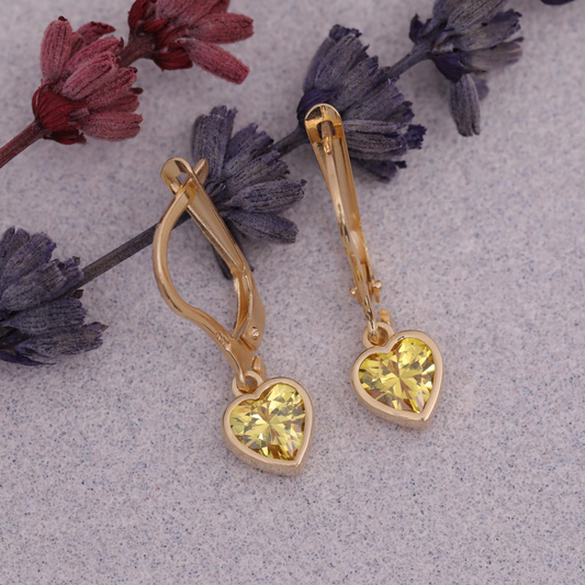 Yellow Topaz Heart Cut Bezel Dangle Earrings 14K Solid Gold, Elegant Birthstone Jewelry