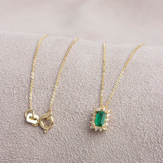 Rectangle Emerald Necklace with Real Diamond 14K Solid Gold, May Birthstone