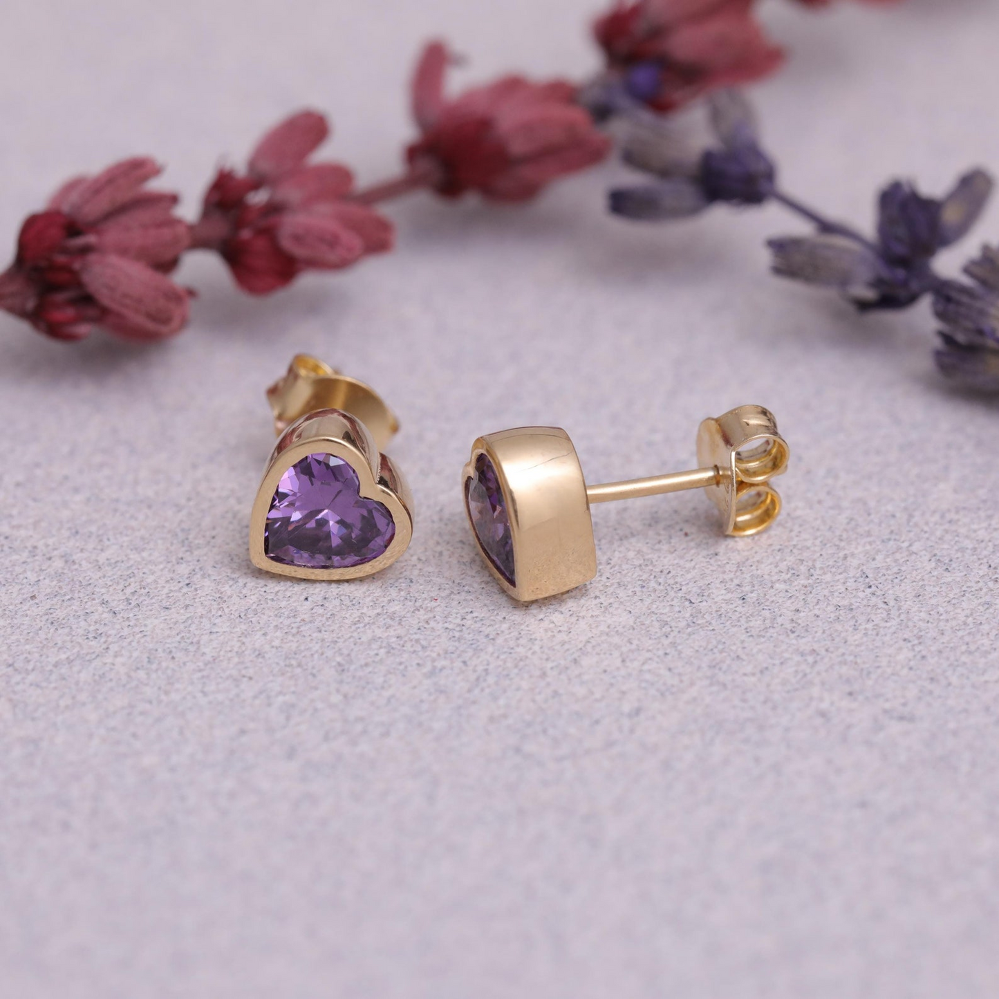 Amethyst Heart Bezel Stud Earrings 10K/14K Solid Gold, February Birthstone Jewelry