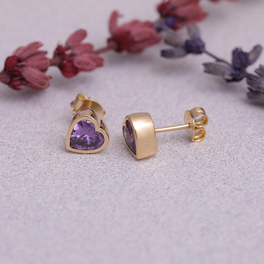 Amethyst Heart Bezel Stud Earrings 10K/14K Solid Gold, February Birthstone Jewelry