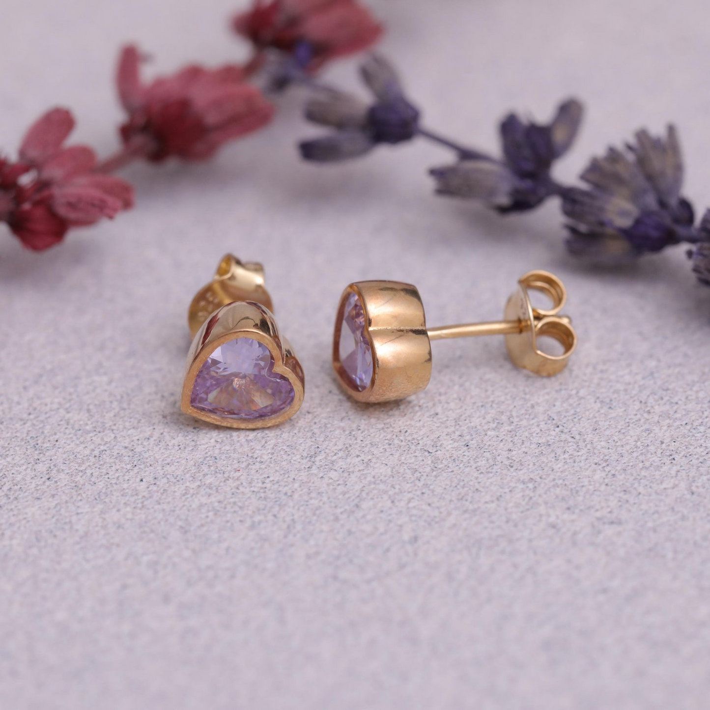 Alexandrite Heart Bezel Cut Stud Earrings 10K/14K Solid Gold, June Birthstone Jewelry