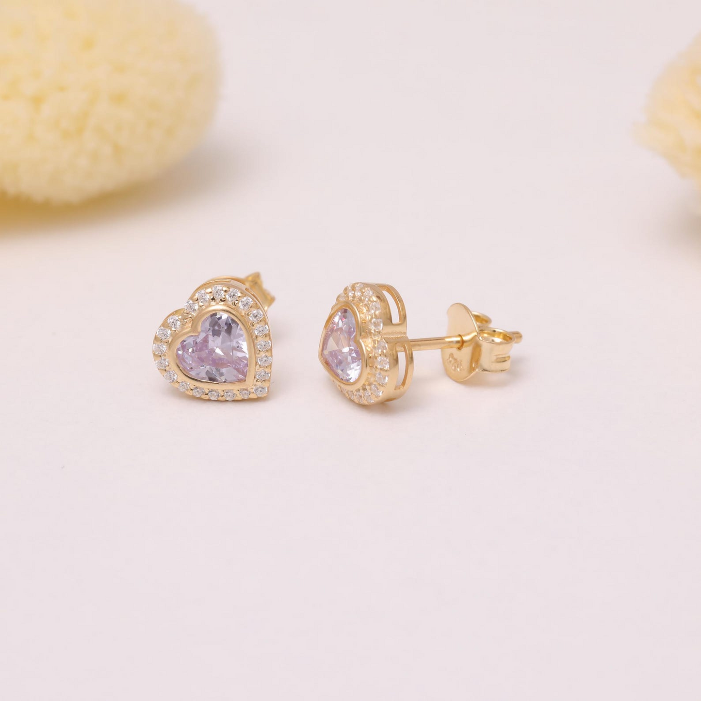 Alexandrite Bezel Heart Stud Earrings with Real Diamonds in 10K/14K Solid Gold | June Birthstone Jewelry