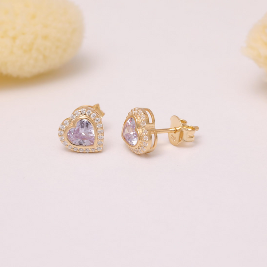 Alexandrite Bezel Heart Stud Earrings with Real Diamonds in 10K/14K Solid Gold | June Birthstone Jewelry